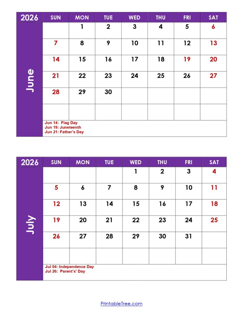 June and July 2026 Calendar with Holidays