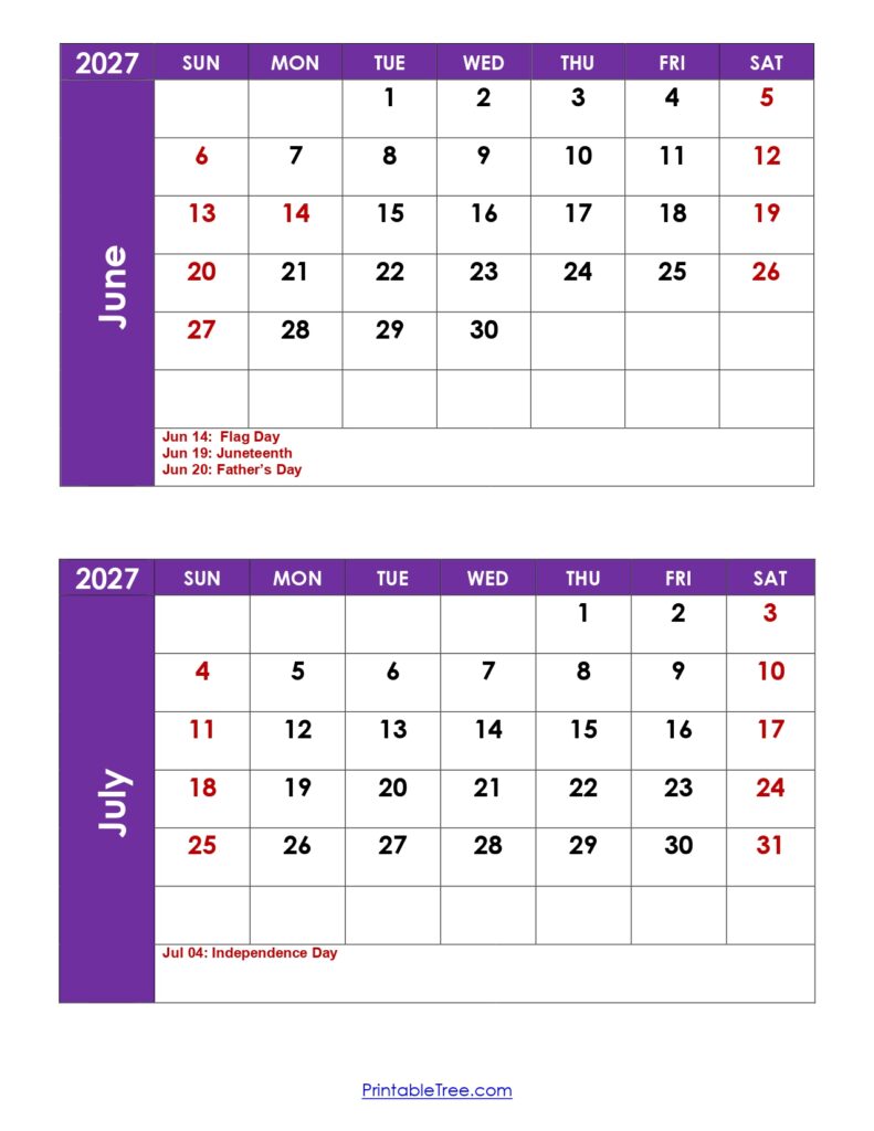 June and July 2027 Calendar with Holidays