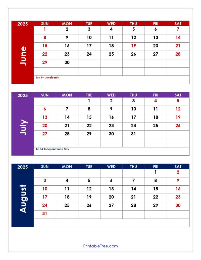 June to August 2025 Calendar with Holidays