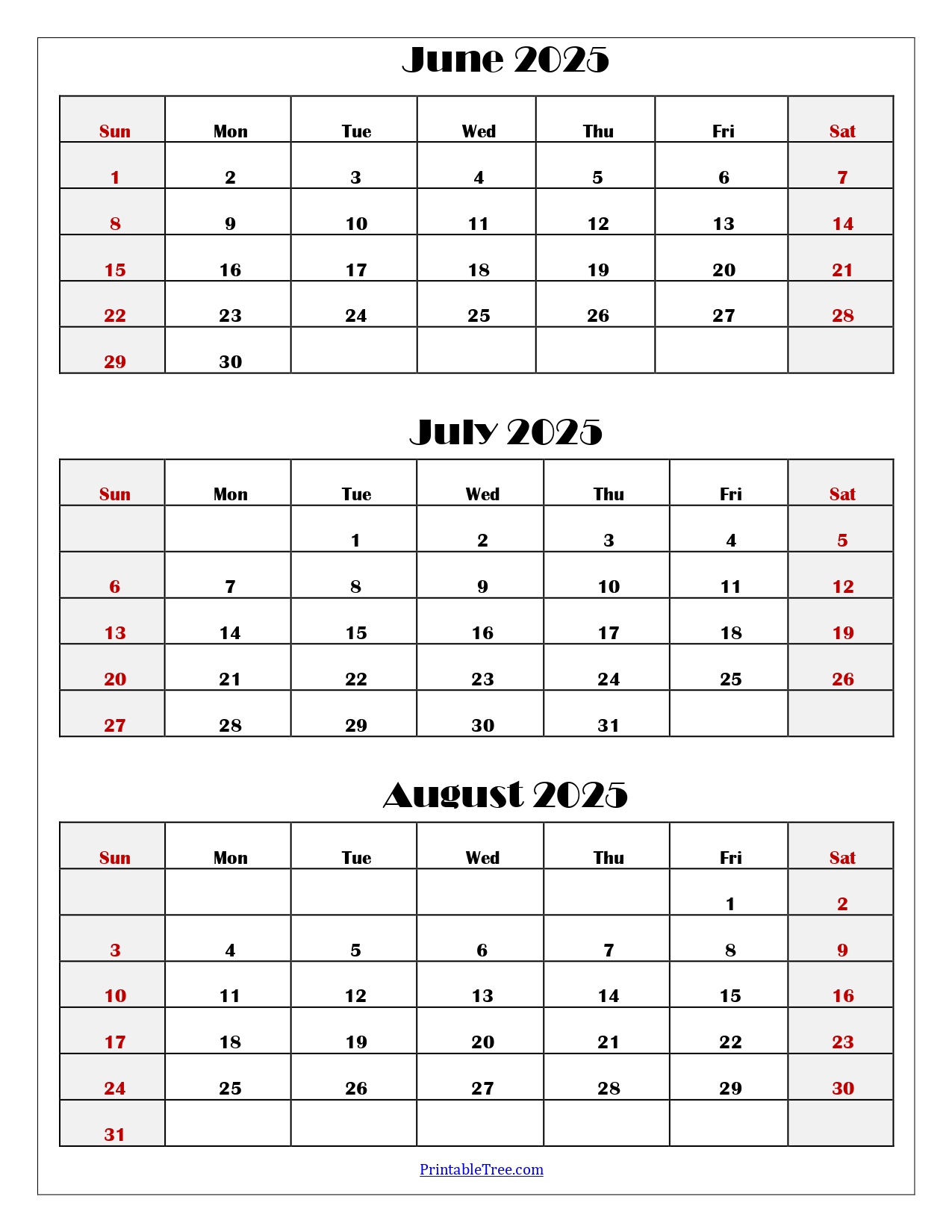 June to August 2025 Calendar Printable PDF | Three Months Calendar