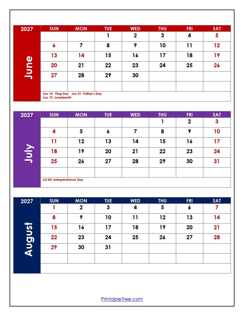 June to August 2027 Calendar with Holidays