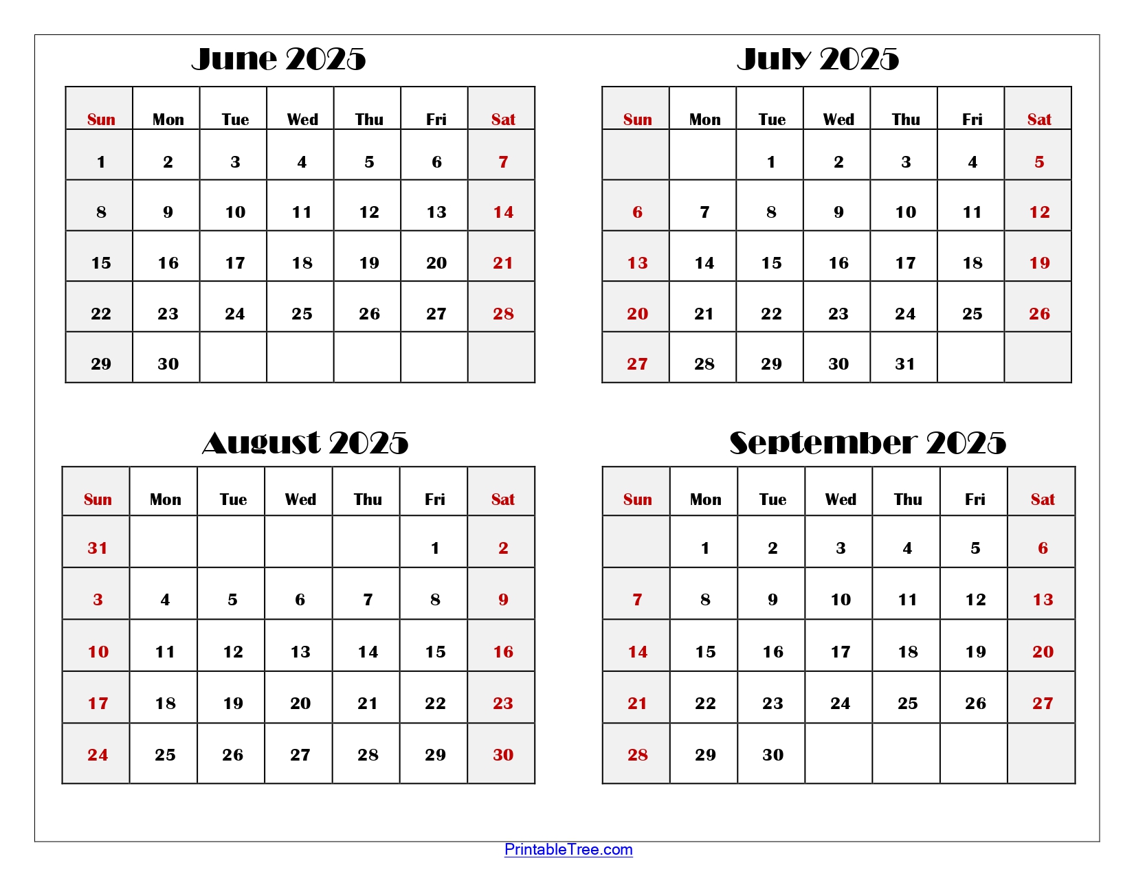 June to September 2025 Calendar Printable PDF | Four Months Calendar