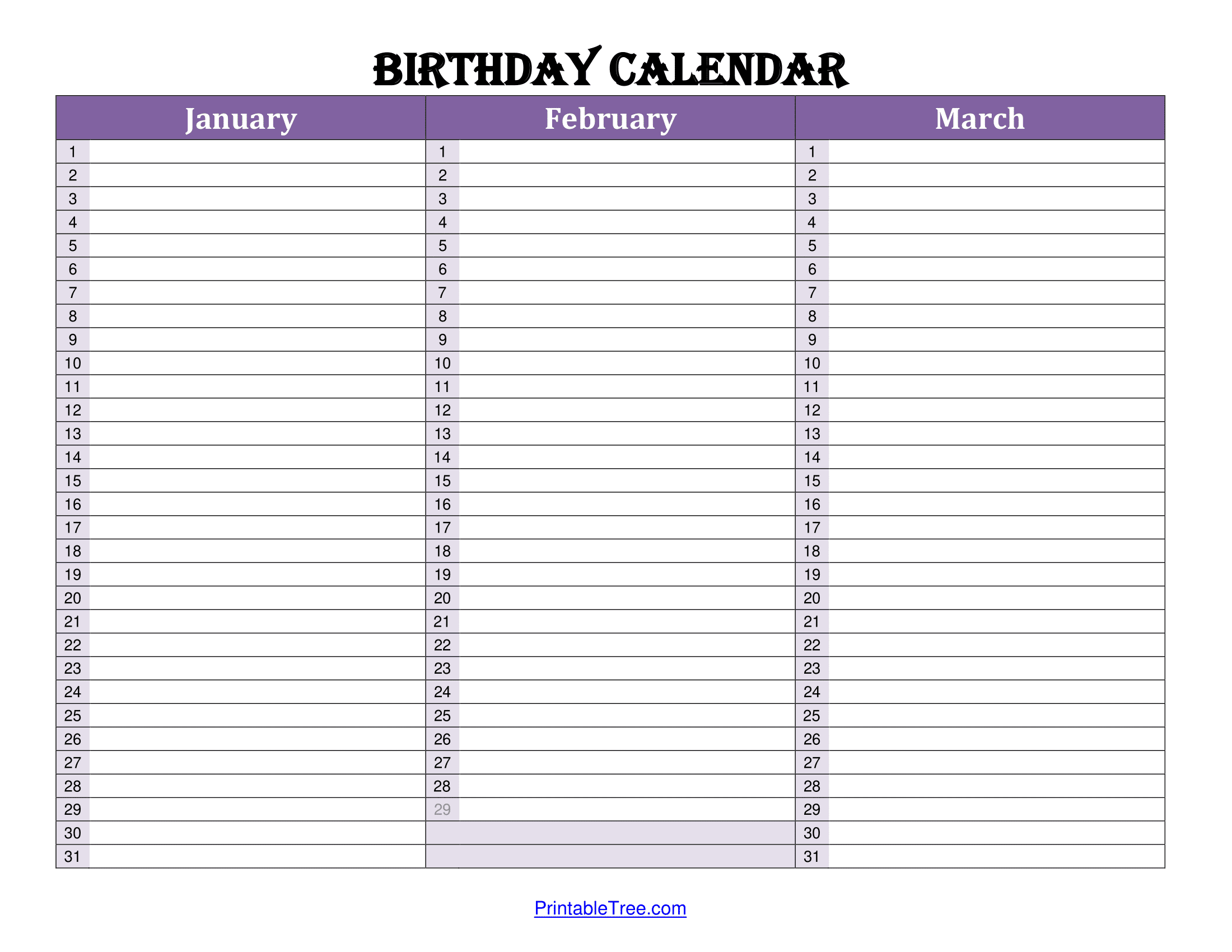 Printable Birthday Chart Template