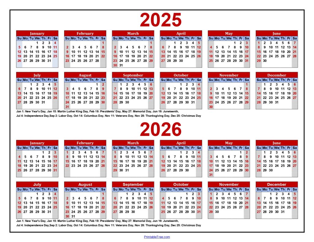 Landscape Two Year Calendar 2025-2026 Dark Red