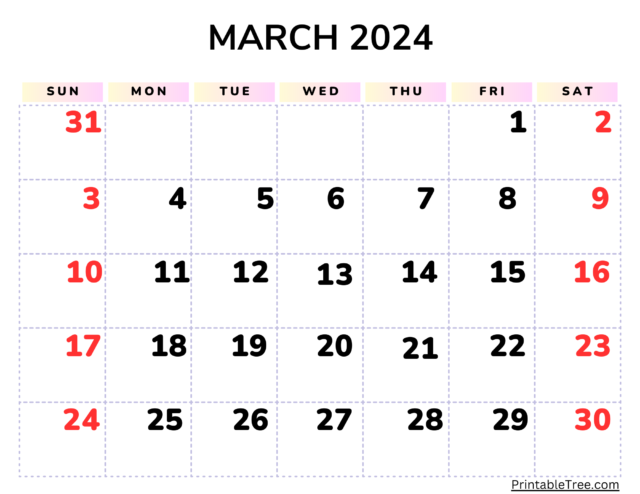 March 2024 Calendar Printable PDF with Holidays Template Free