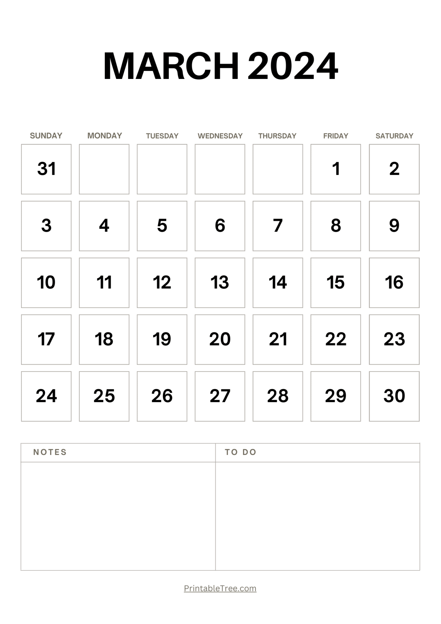 March 2024 Calendar Printable PDF with Holidays Template Free