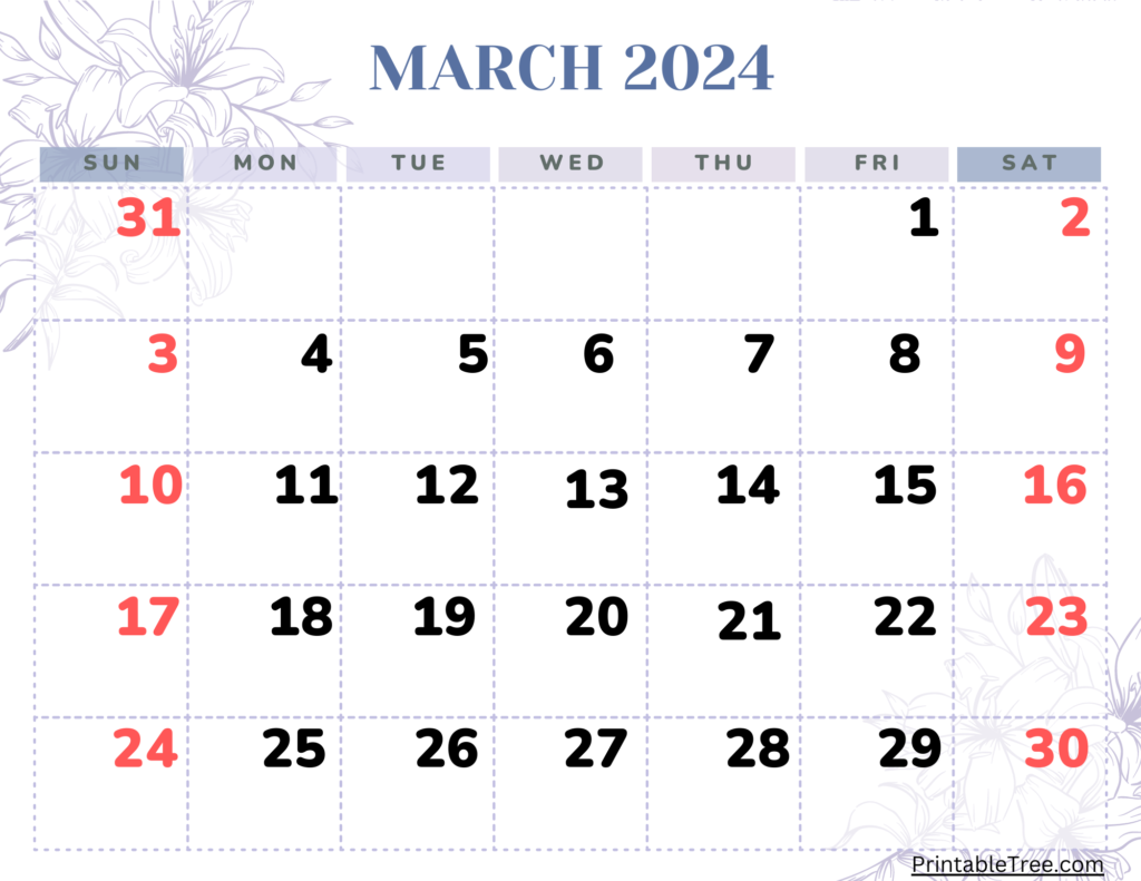 March 2024 Sunday Start Calendar Purple