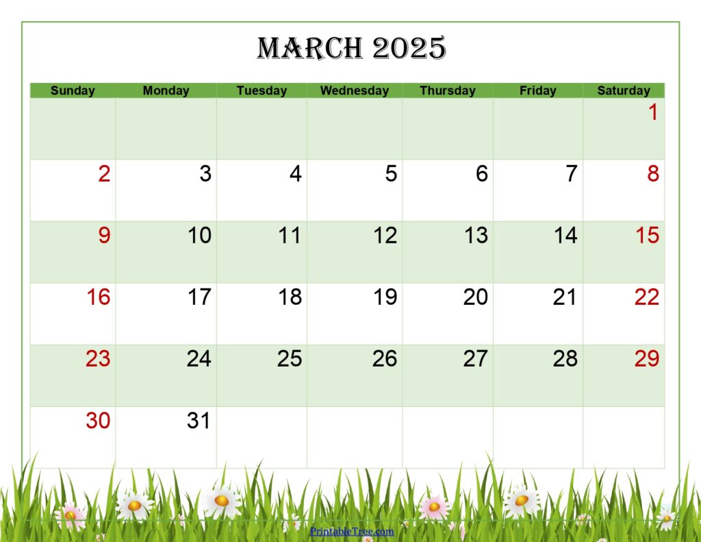 March 2025 Calendar Green Landscape