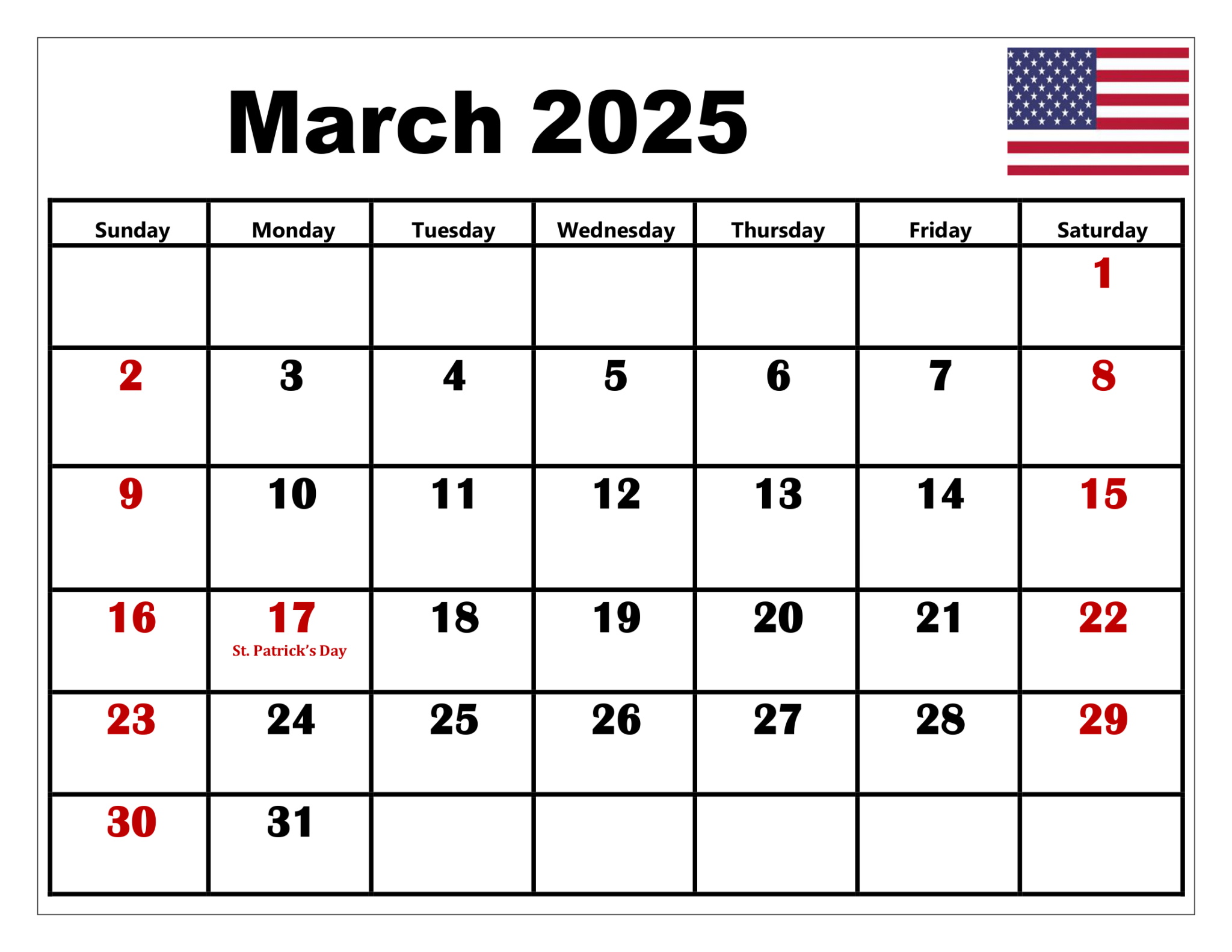 March 2025 Calendar Printable PDF Template with Holidays