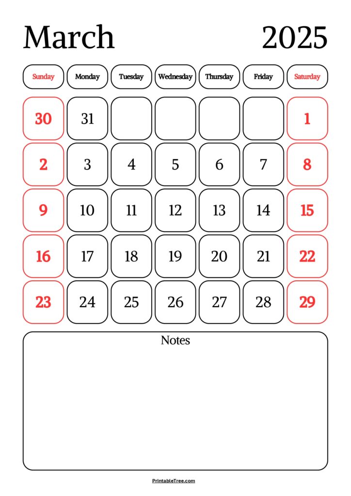 March 2025 Calendar with notes