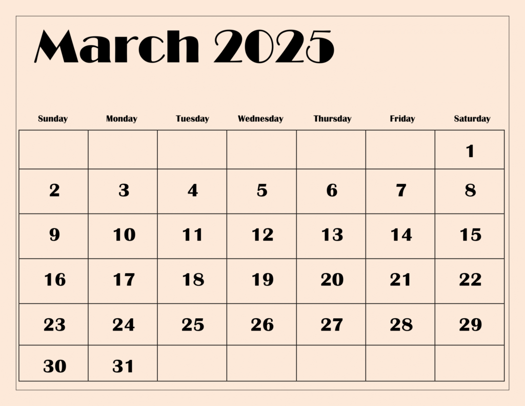 March 2025 Light Pink BG Calendar