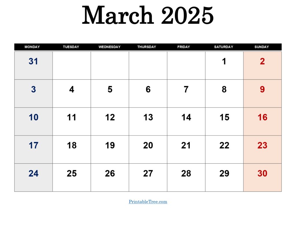 March 2025 Monday Start Calendar