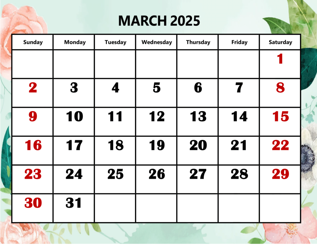 March 2025 Rose and Leaf Background Calendar