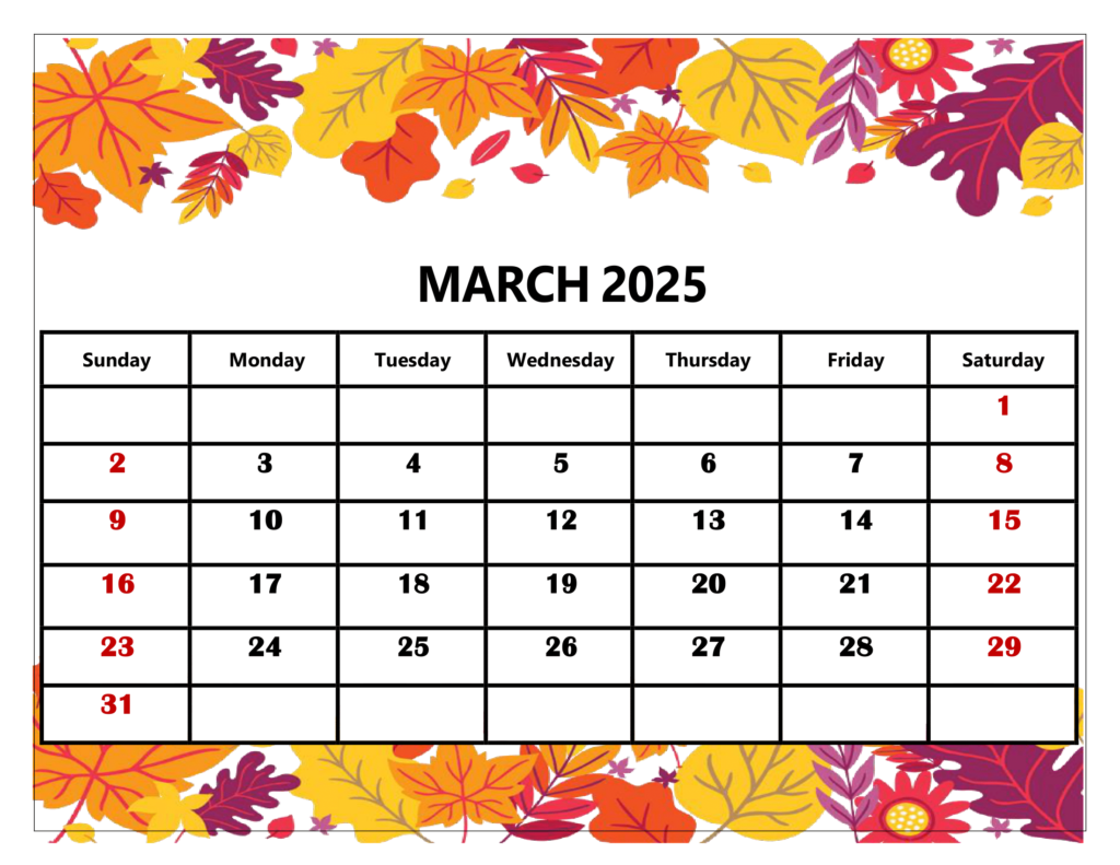 March 2025 Yellow Leaf Calendar Printable