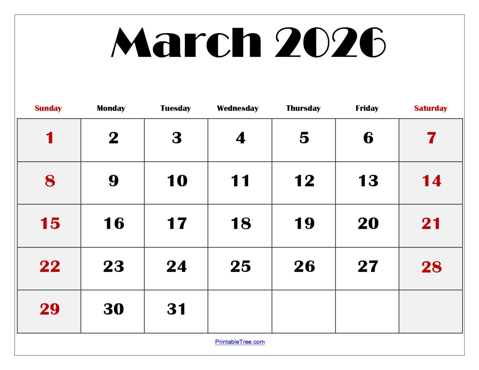 Blank March 2026 Calendar Printable PDF Templates