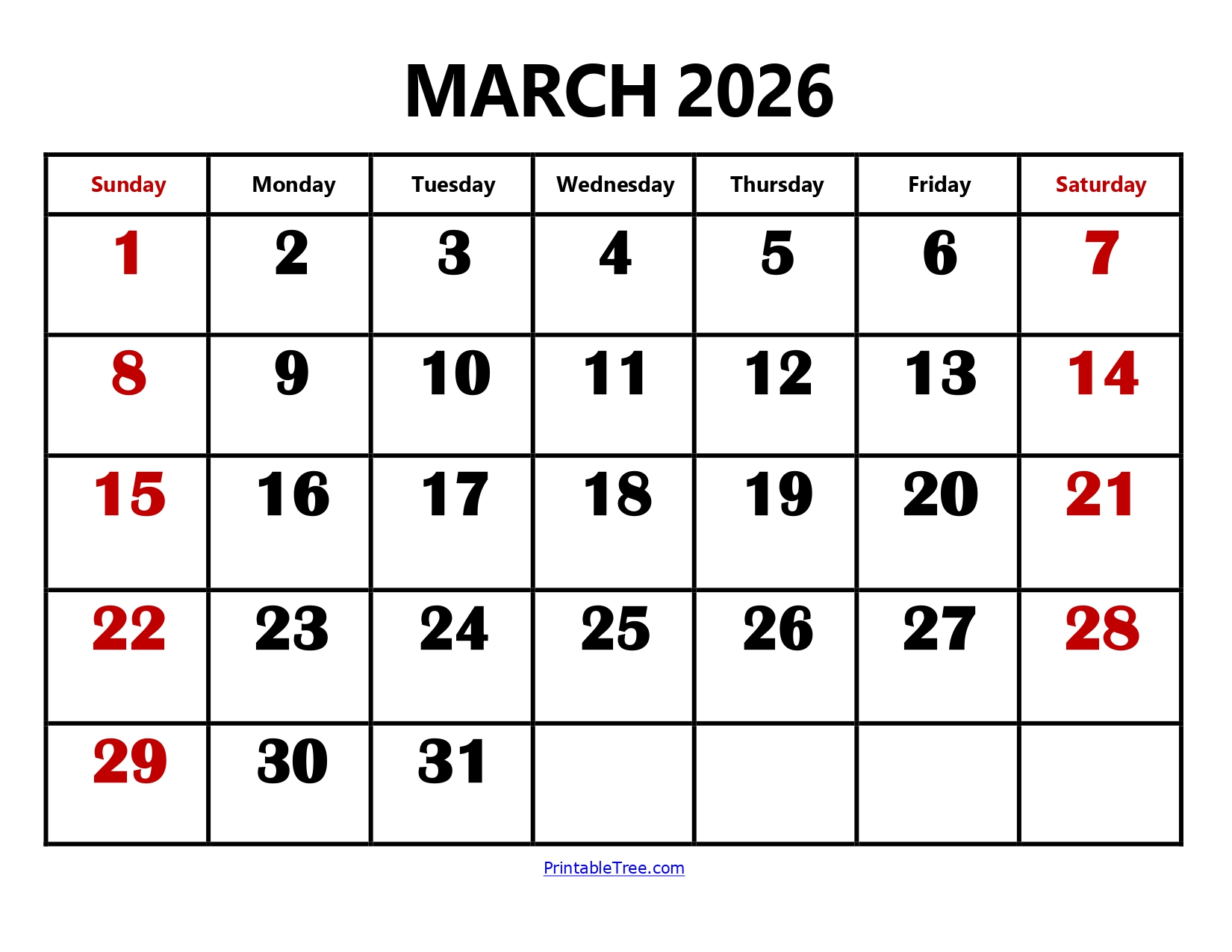 March 2026 Calendar Large Number