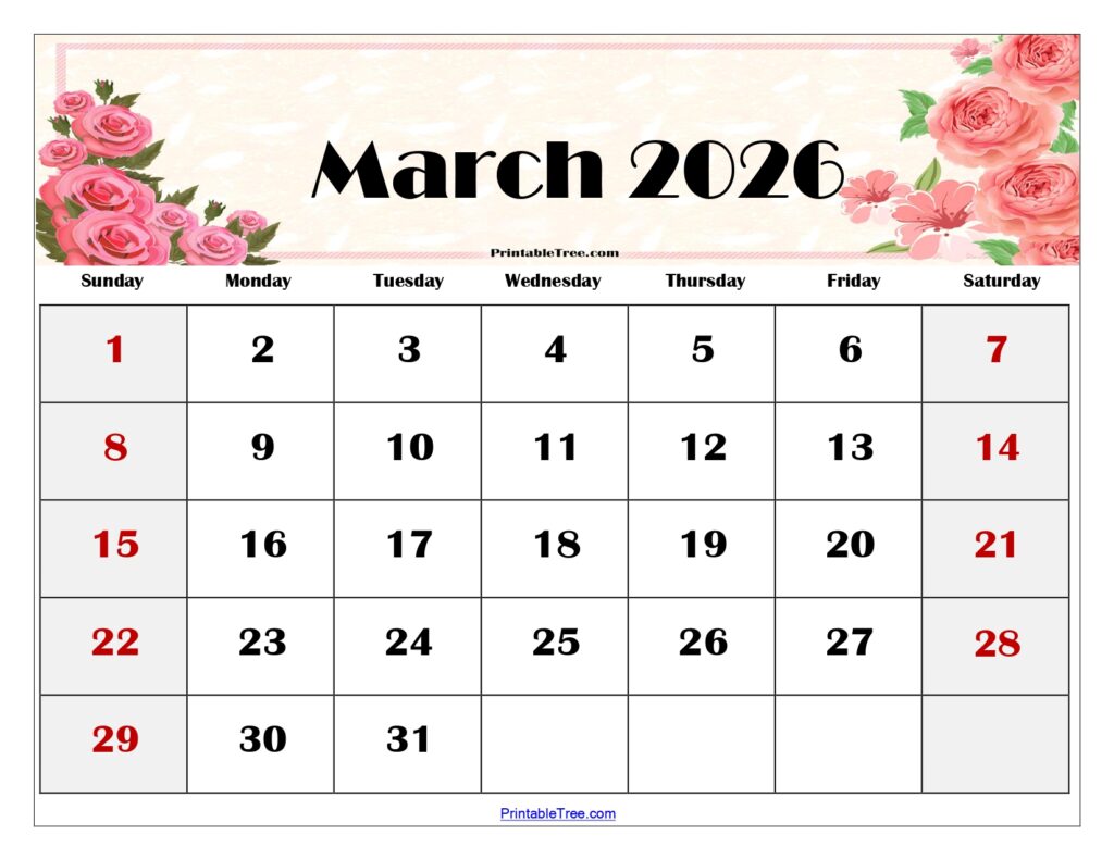 March 2026 Floral Calendar Printable