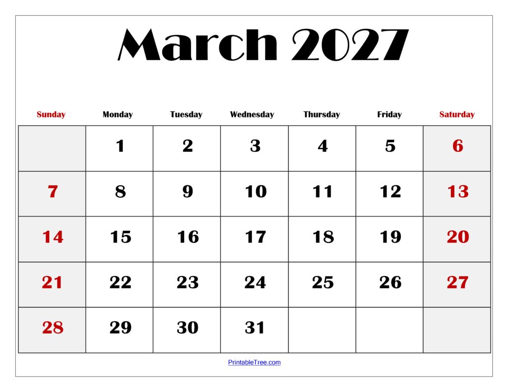 March 2027 Blank Printable Calendar