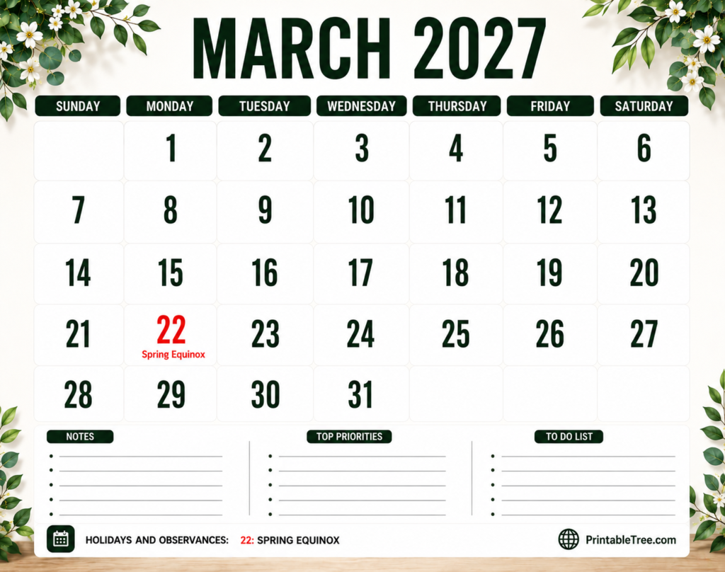 March 2027 Calendar Floral Style