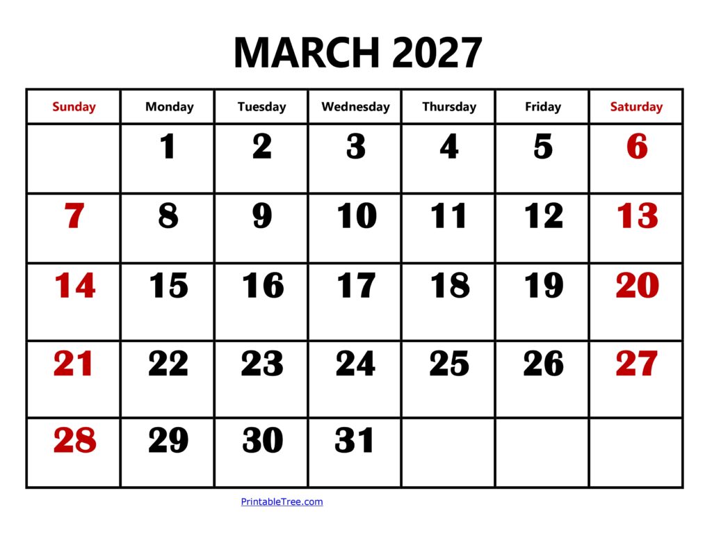 March 2027 Calendar Large Number