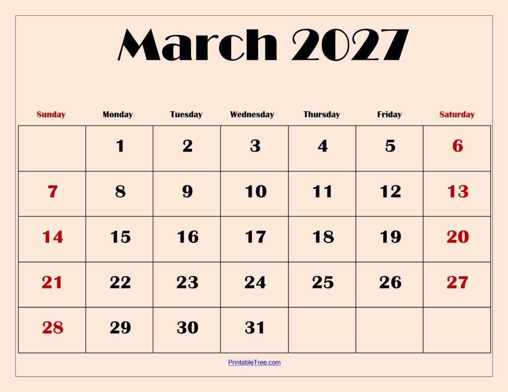 March 2027 Calendar with Light Pink