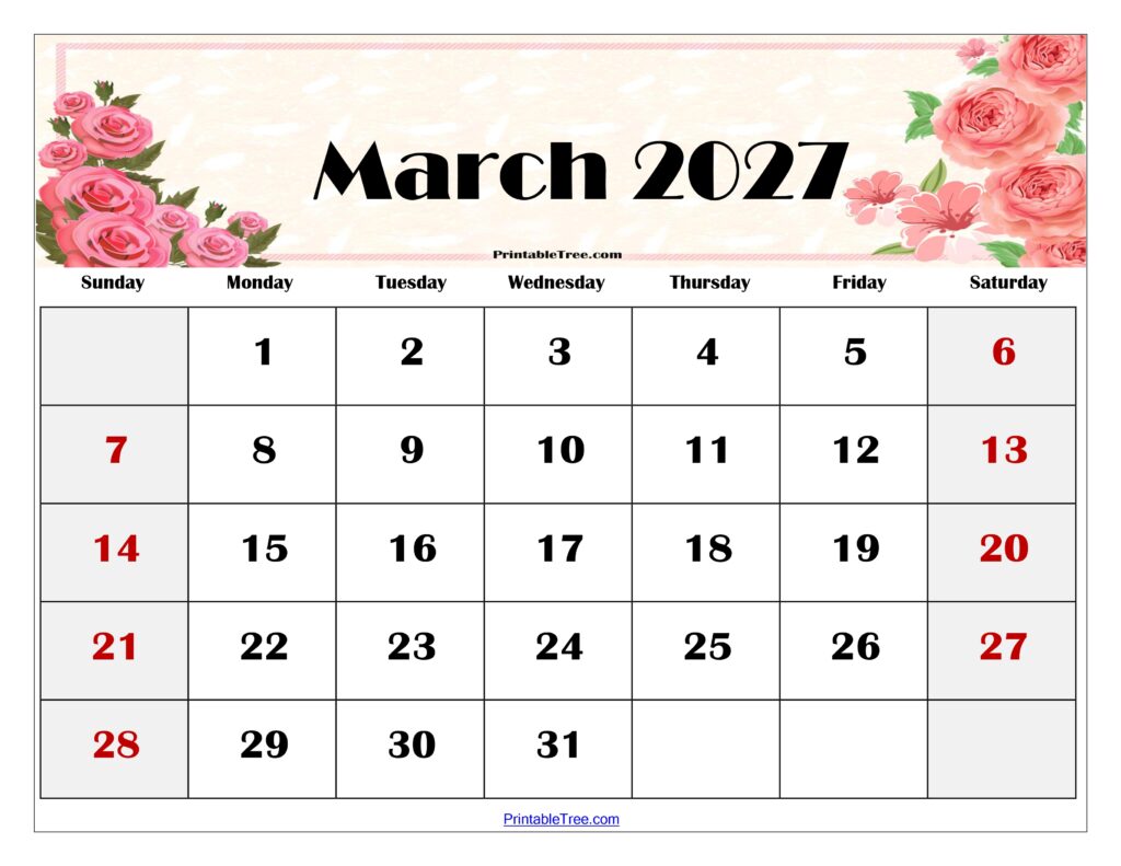 March 2027 Floral Calendar Printable