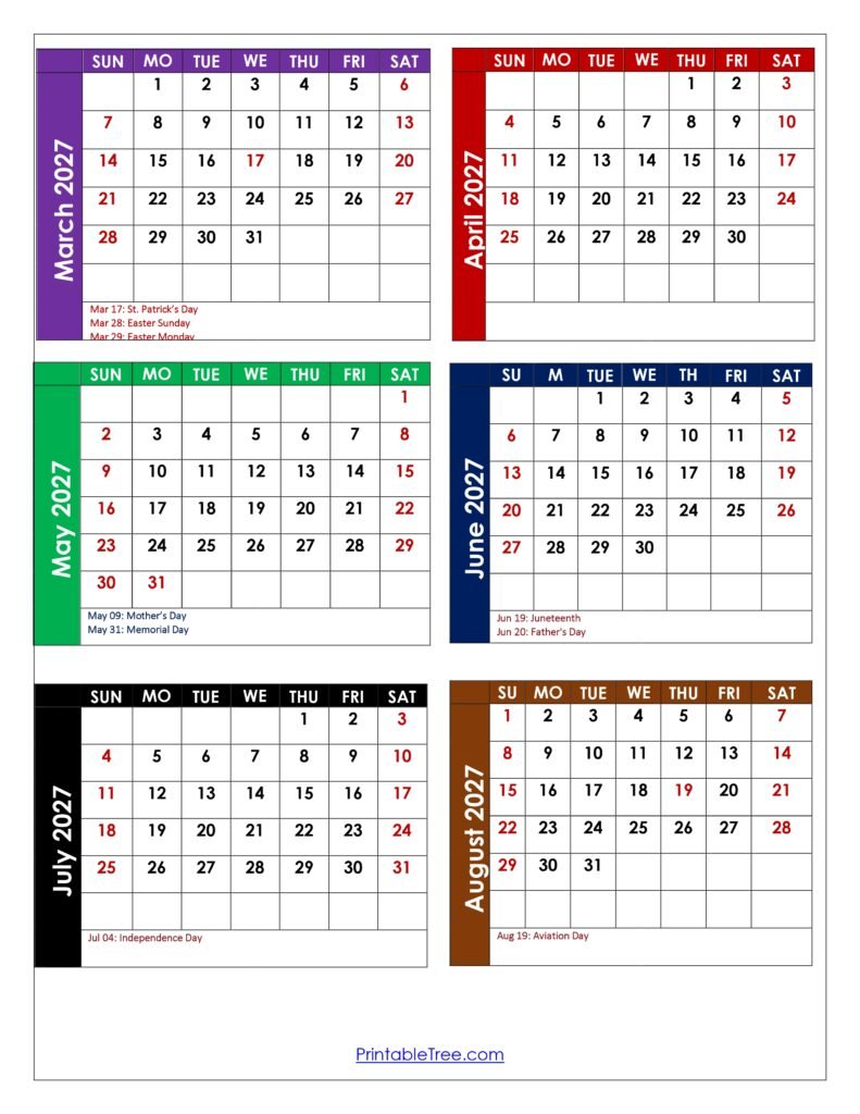 March 2027 to August 2027 Calendar with Holidays