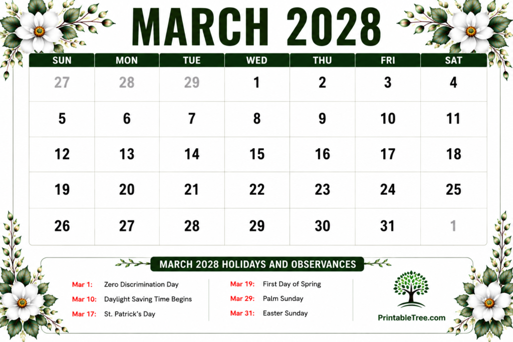 March 2028 Calendar with Holidays
