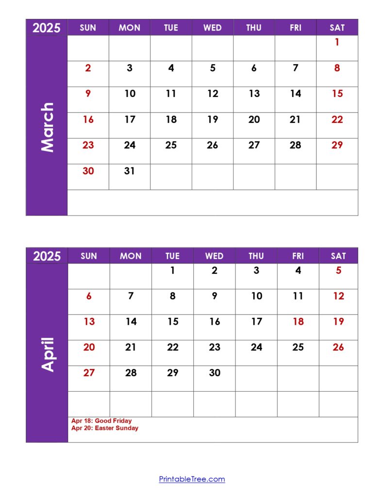 March and April  2025 Calendar with Holidays