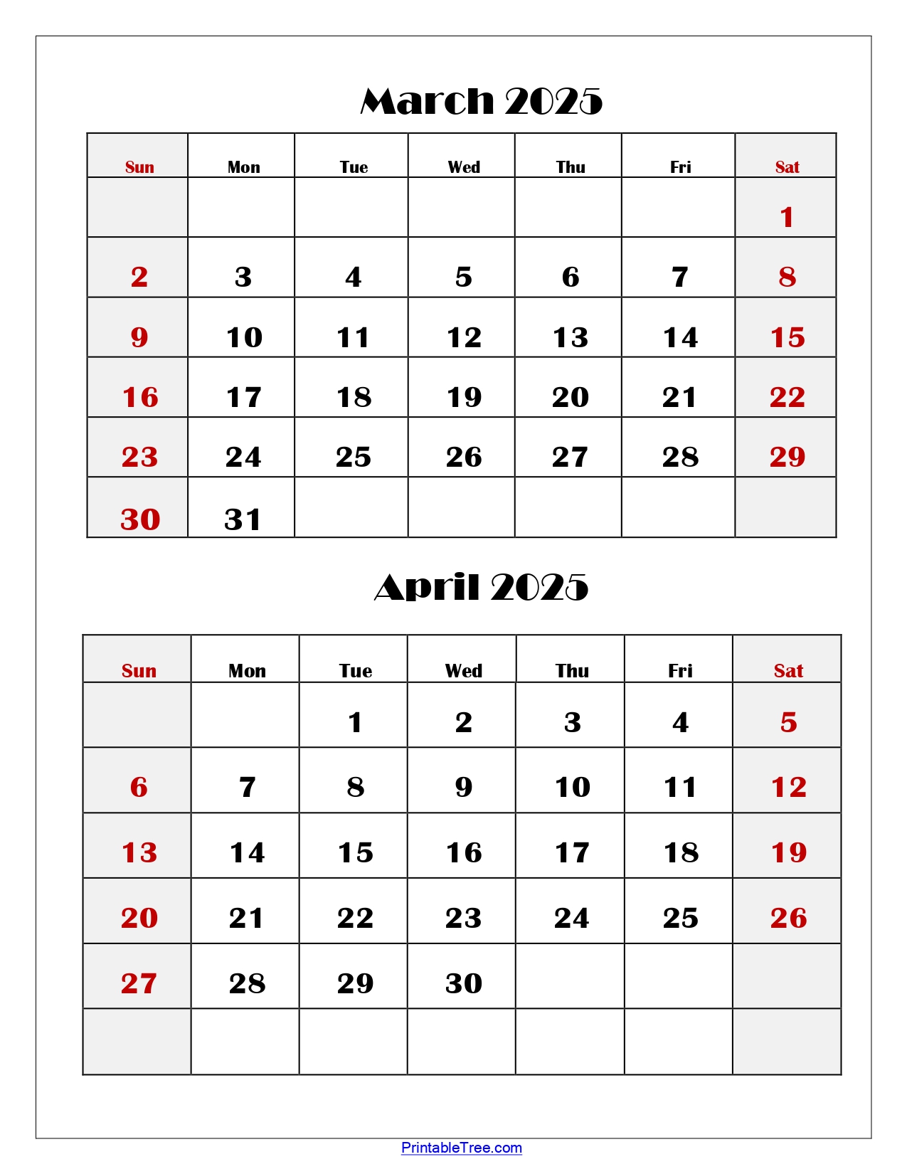 March and April 2025 Calendar Printable | Two Months Calendar
