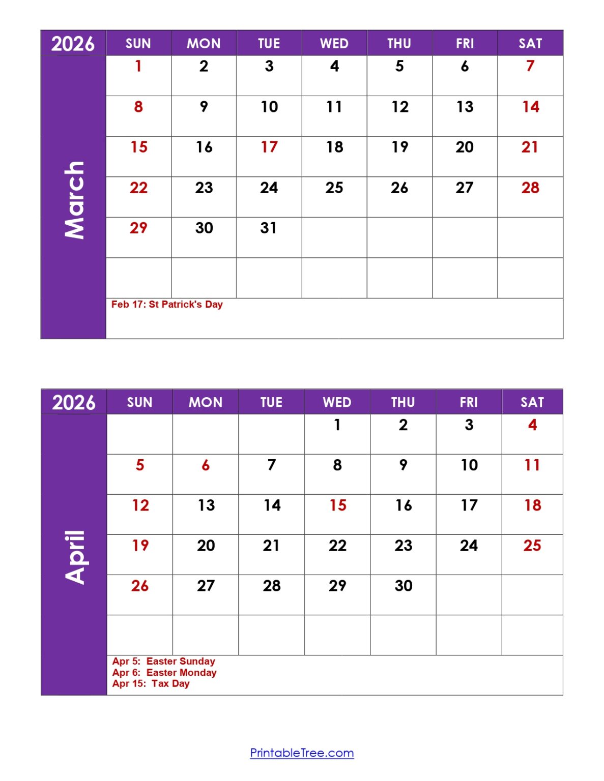 March and April 2026 Calendar Printable PDF 2 Month Calendar Template