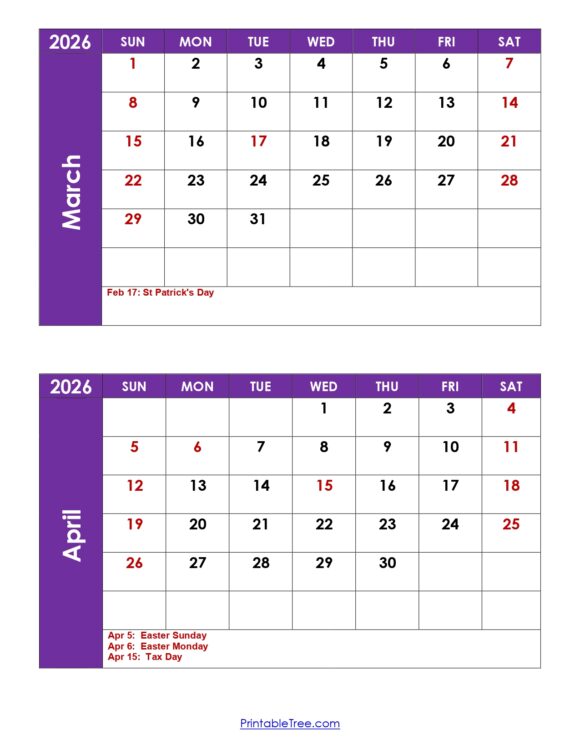 March and April 2026 Calendar Printable PDF 2 Month Calendar Template