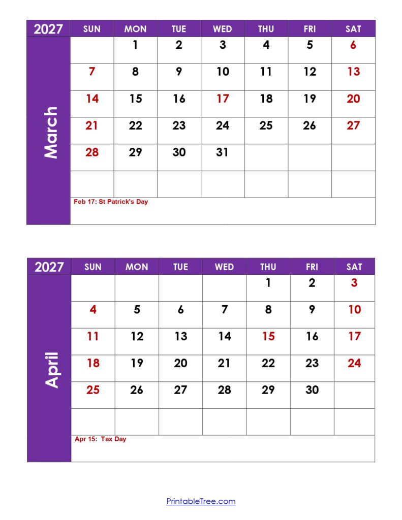 March and April 2027 Calendar with Holidays
