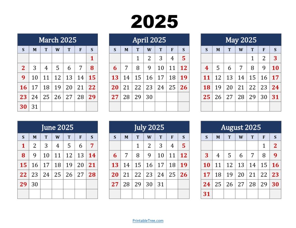 March to August 2025 Calendar