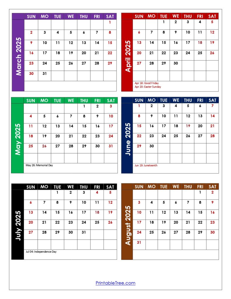 March to August 2025 Calendar with Holidays