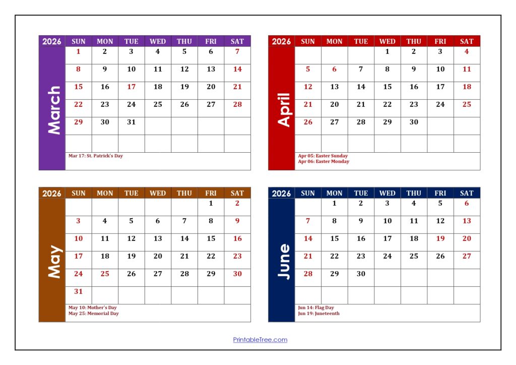 March to June 2026 Calendar with Holidays