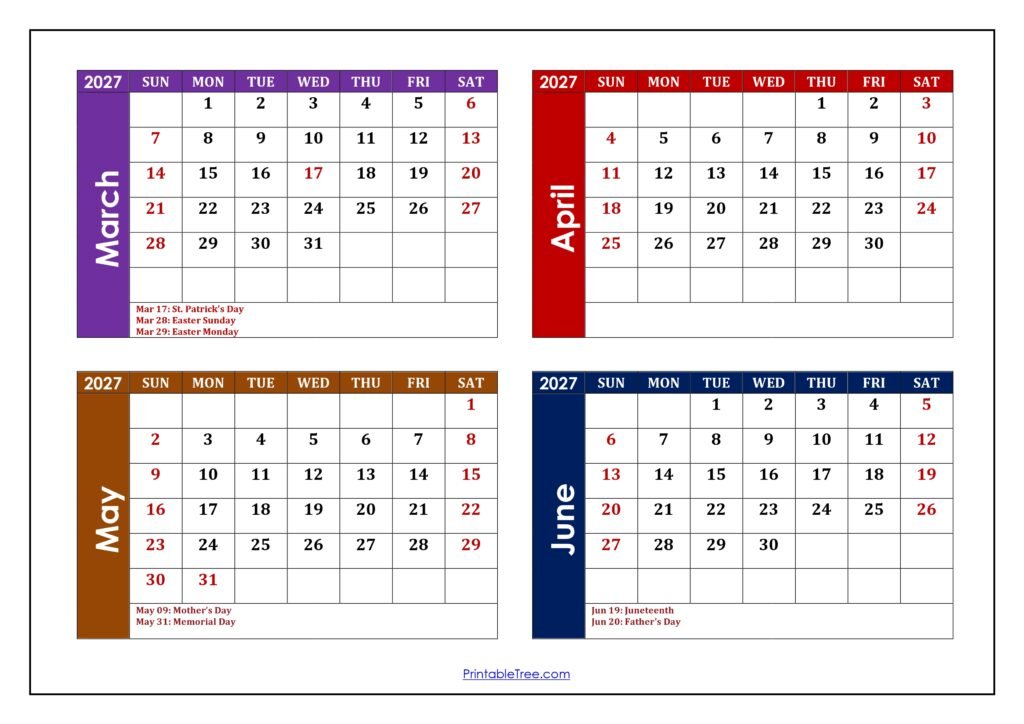 March to June 2027 Calendar with Holidays