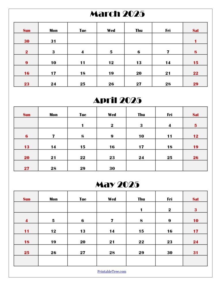 March to may 2025 calendar printable pdf three months calendar