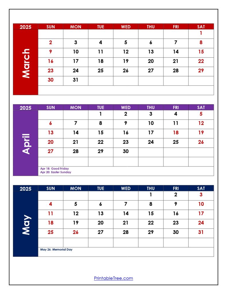 March to May 2025 Calendar with Holidays