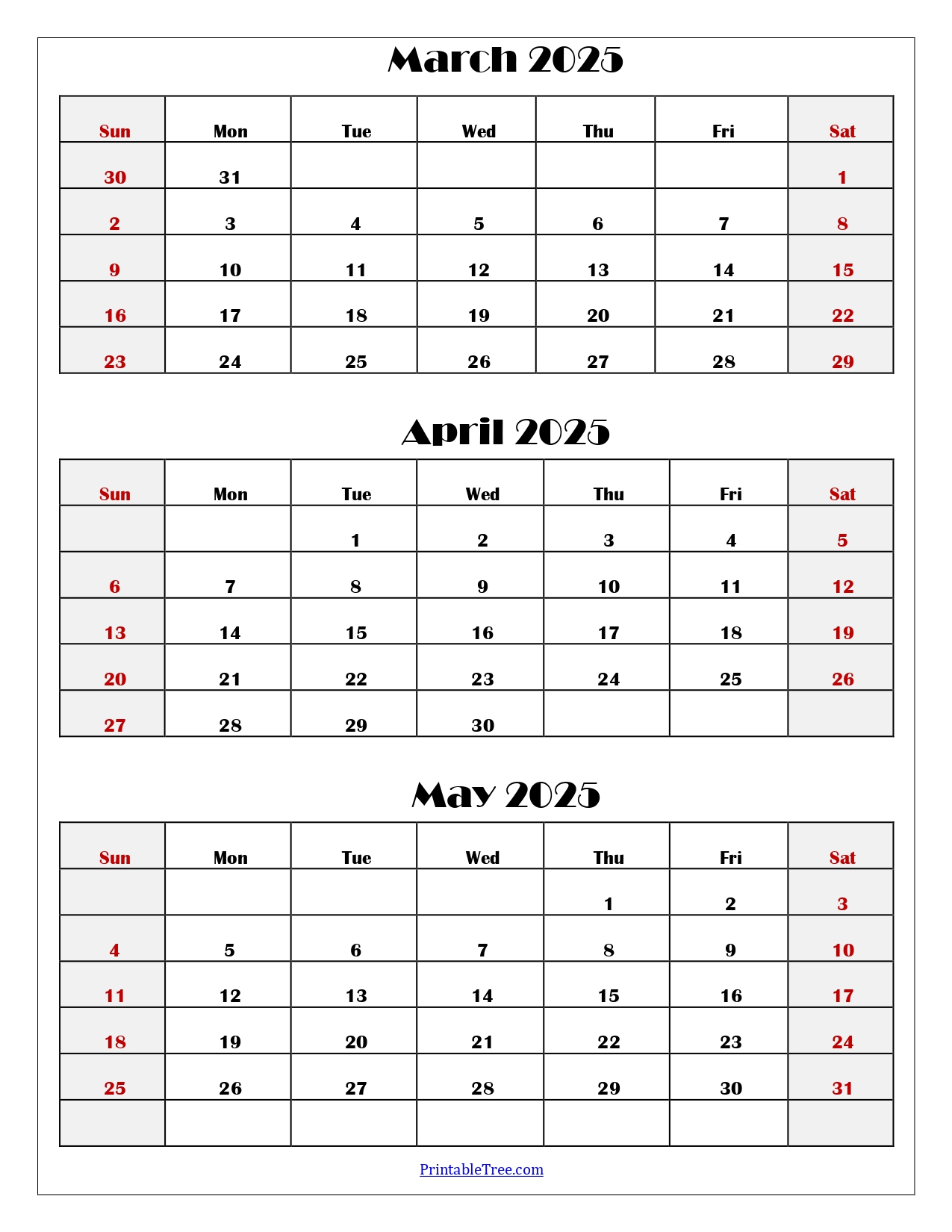 March to May 2025 Calendar Printable PDF | Three Months Calendar