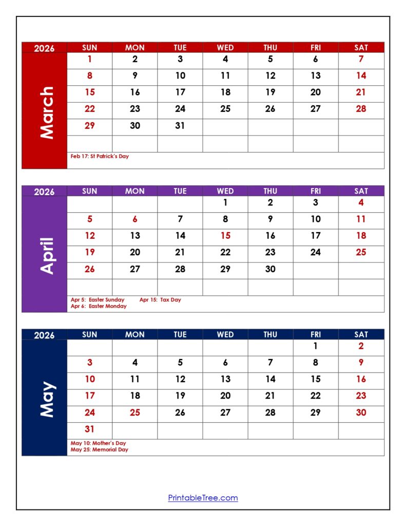 March to May 2026 Calendar with Holidays