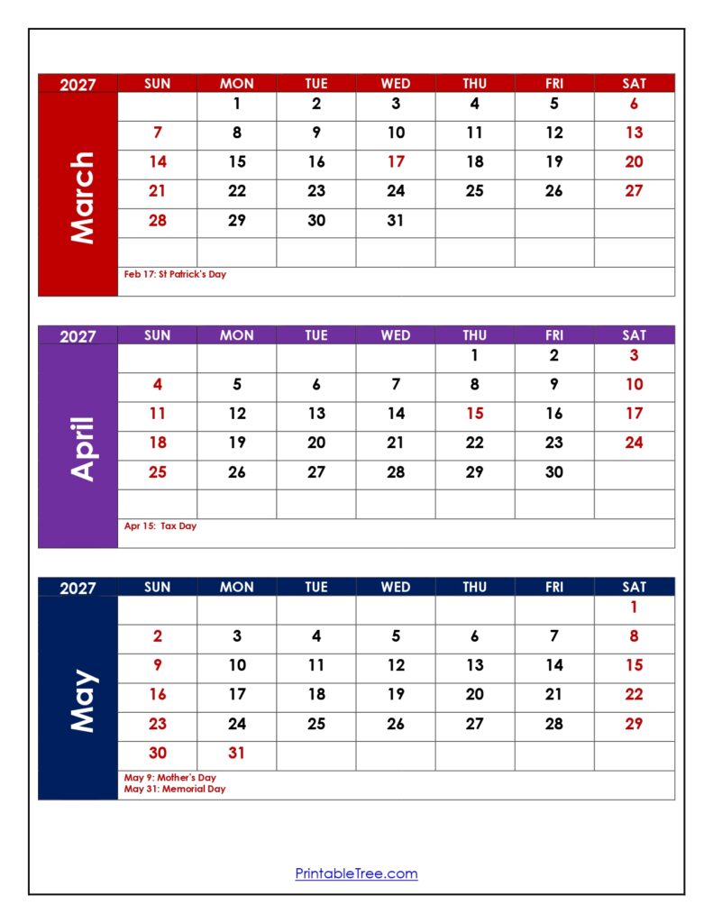 March to May 2027 Calendar with Holidays