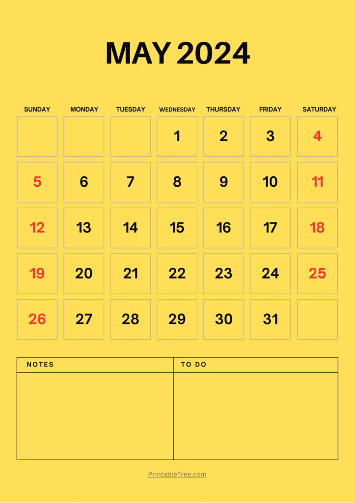 May 2024 Calendar Yellow Portrait with To Do List