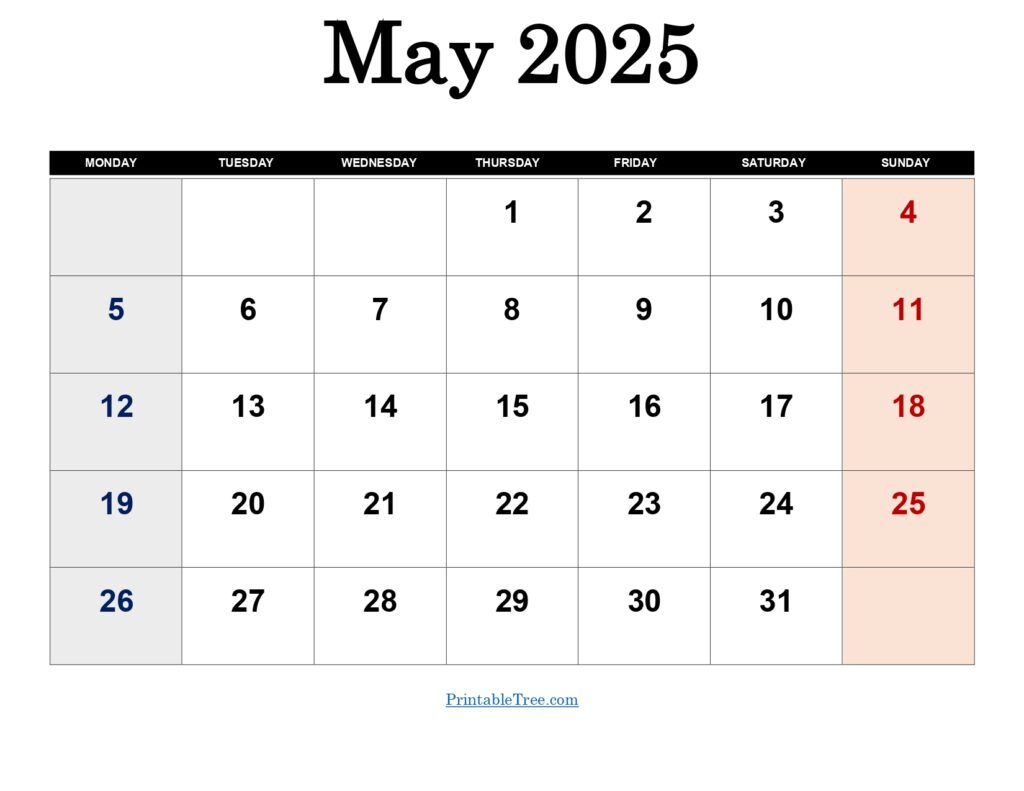 May 2025 Monday Start Calendar