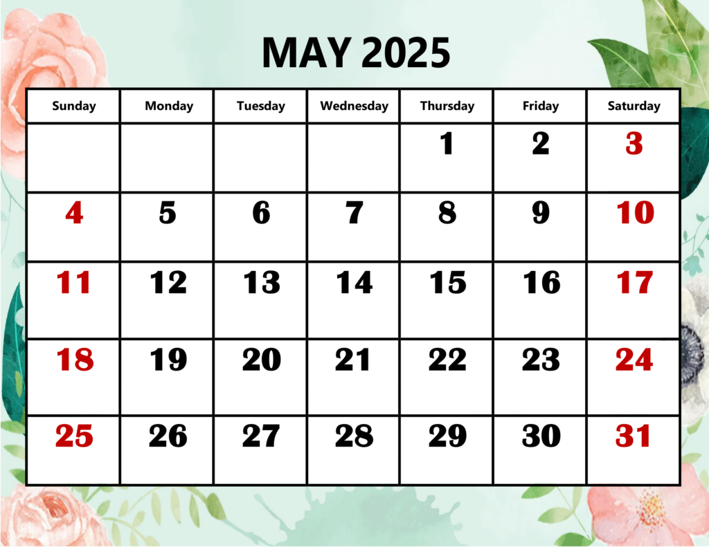 May 2025 Rose and Leaf Background Calendar