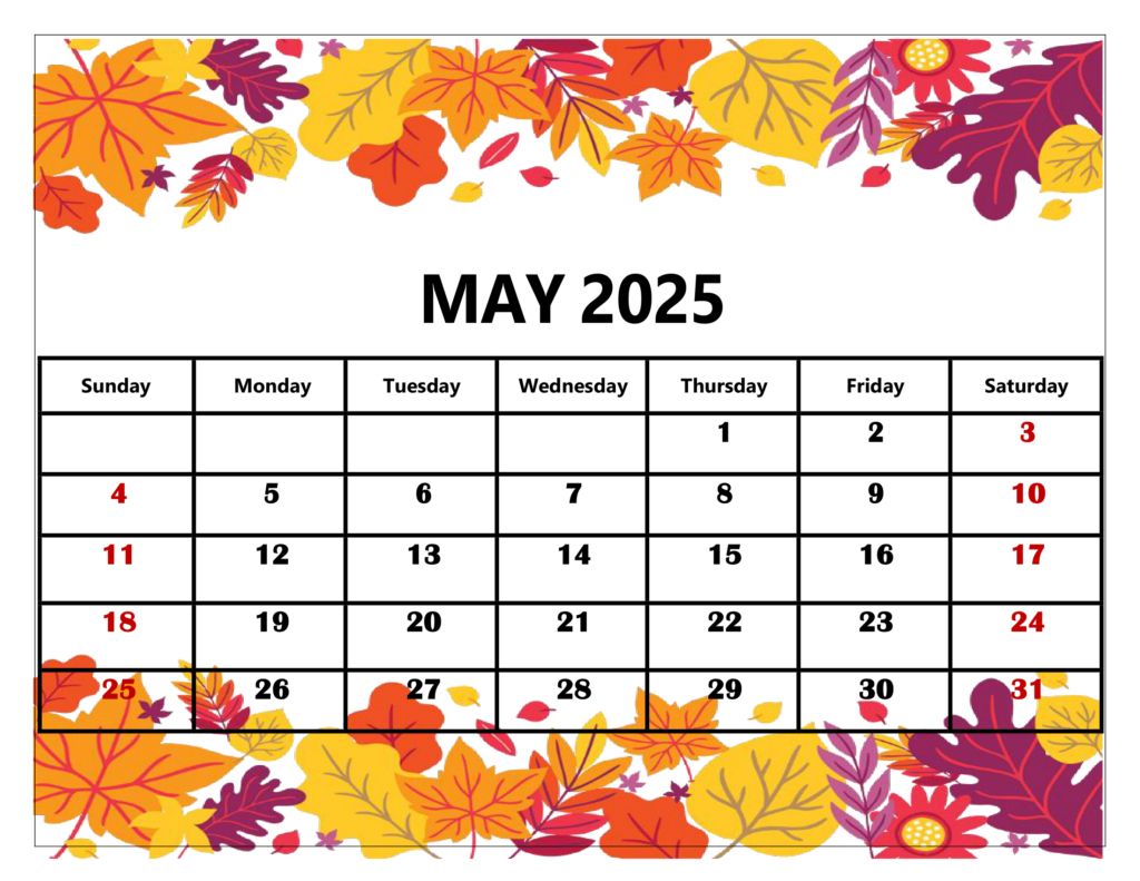 May 2025 Yellow Leaf Calendar Printable