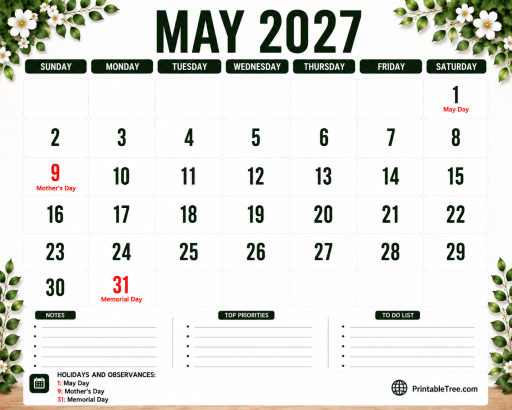 May 2027 Calendar Floral Style