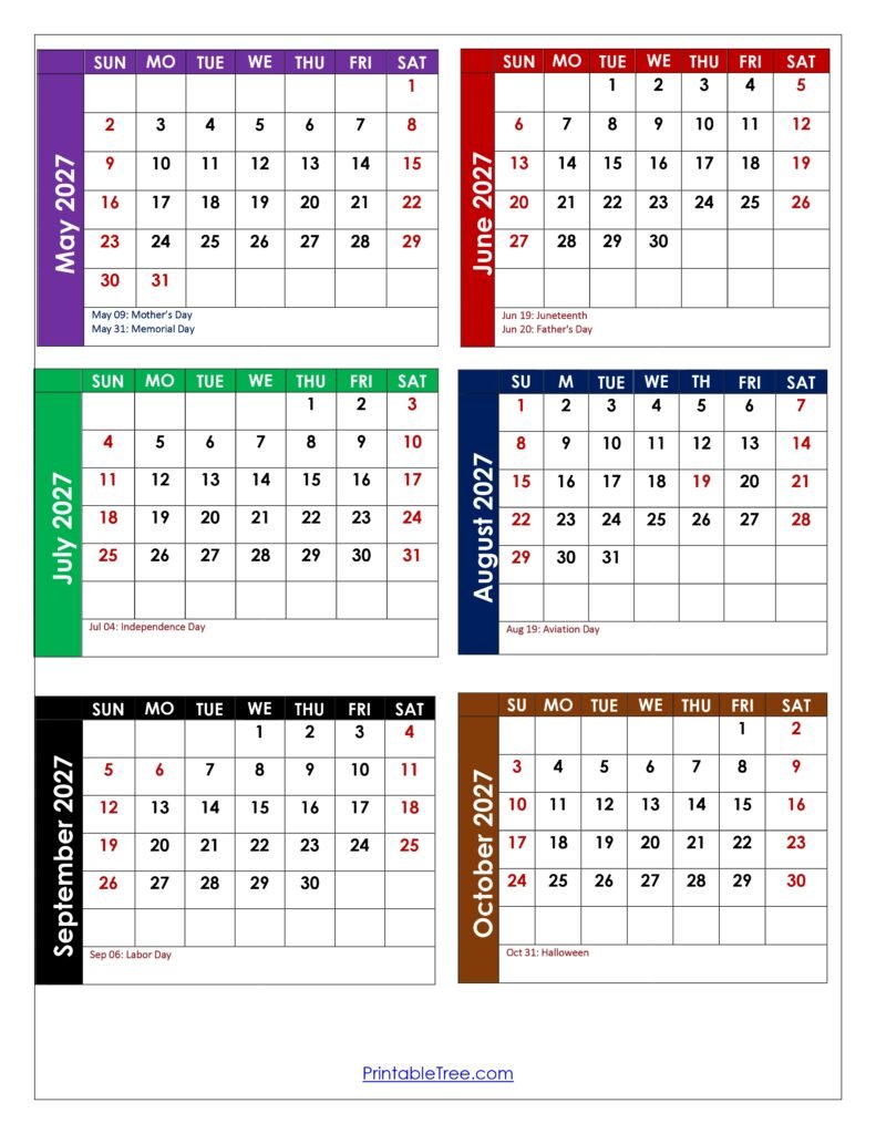May 2027 to October 2027 Calendar with Holidays