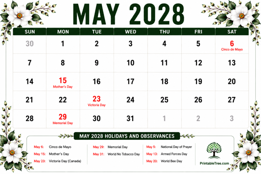 May 2028 Calendar with Holidays