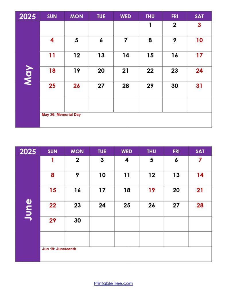 May and June 2025 Calendar with Holidays